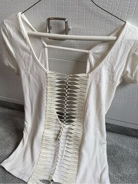 Women’s White Ribbed Lace-Front Top